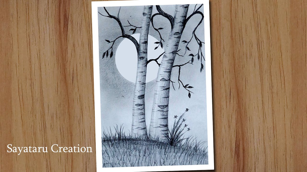 How to draw moonlight with pencil, Tree drawing, Easy Pencil sketch drawing 2021