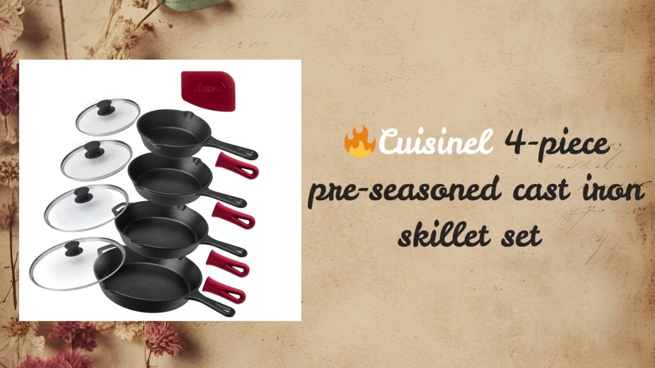Cuisinel Cast Iron Skillets Set + Glass Lids + Silicone Handle Grips