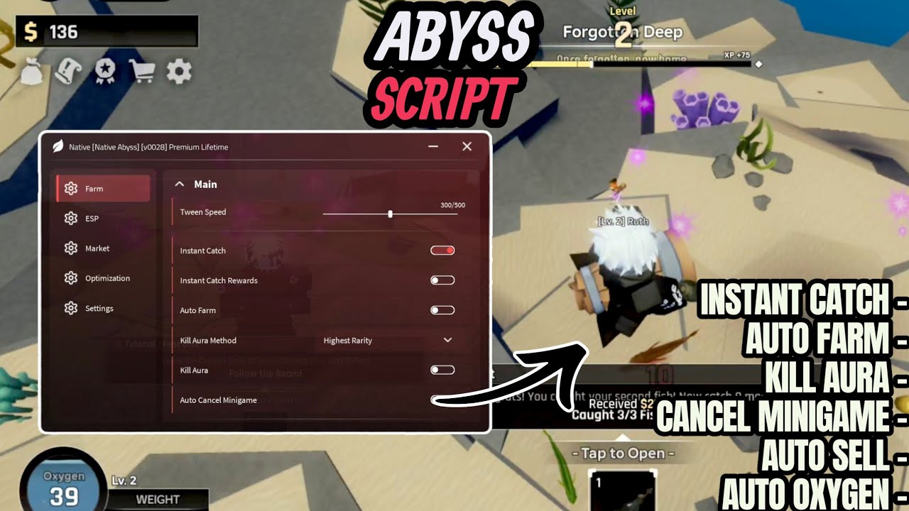 Abyss Script PASTEBIN - Auto Farm, Instant Catch, Kill Aura, Cancel Minigame, Auto Sell, Auto Oxygen