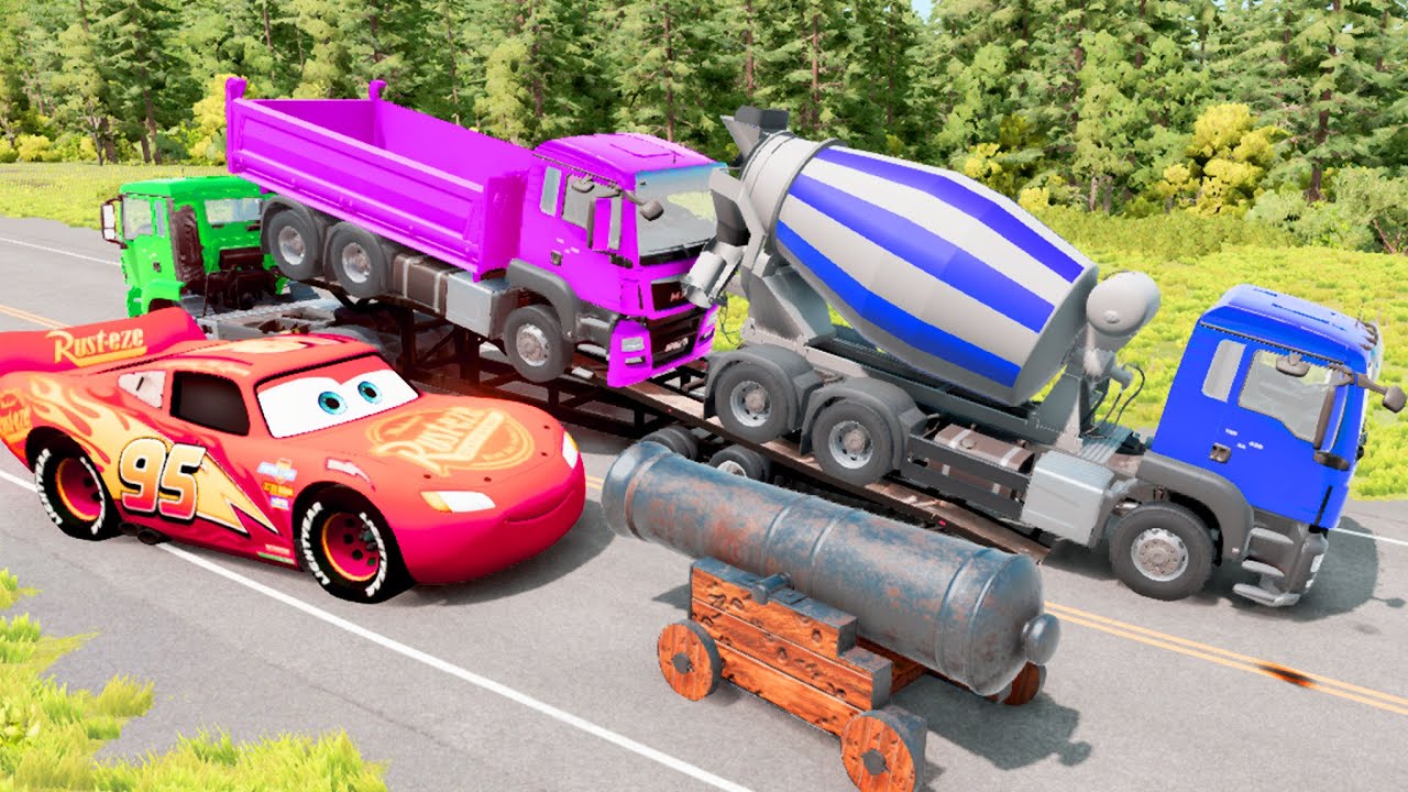 Colorful Truck and McQueen Transport - Speedbumps vs Cars vs Train - BeamNG.Drive