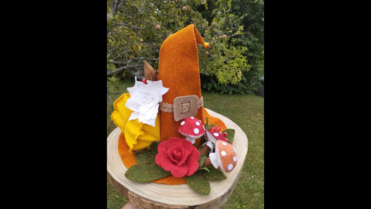 Cappello centrotavola autunnale con zucca e funghi 3D #feltro #centrotavola #autunno