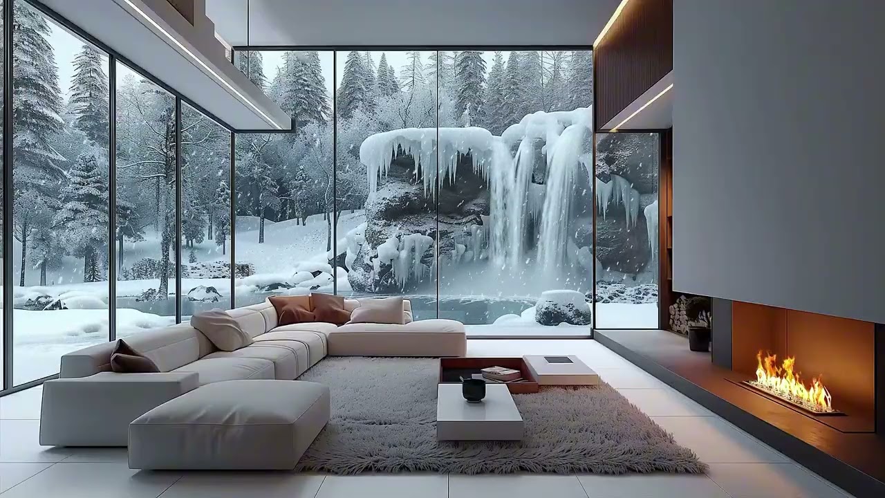 Quiet Winter Waterfall Cabin Night | Fireplace & Soft Jazz Ambience