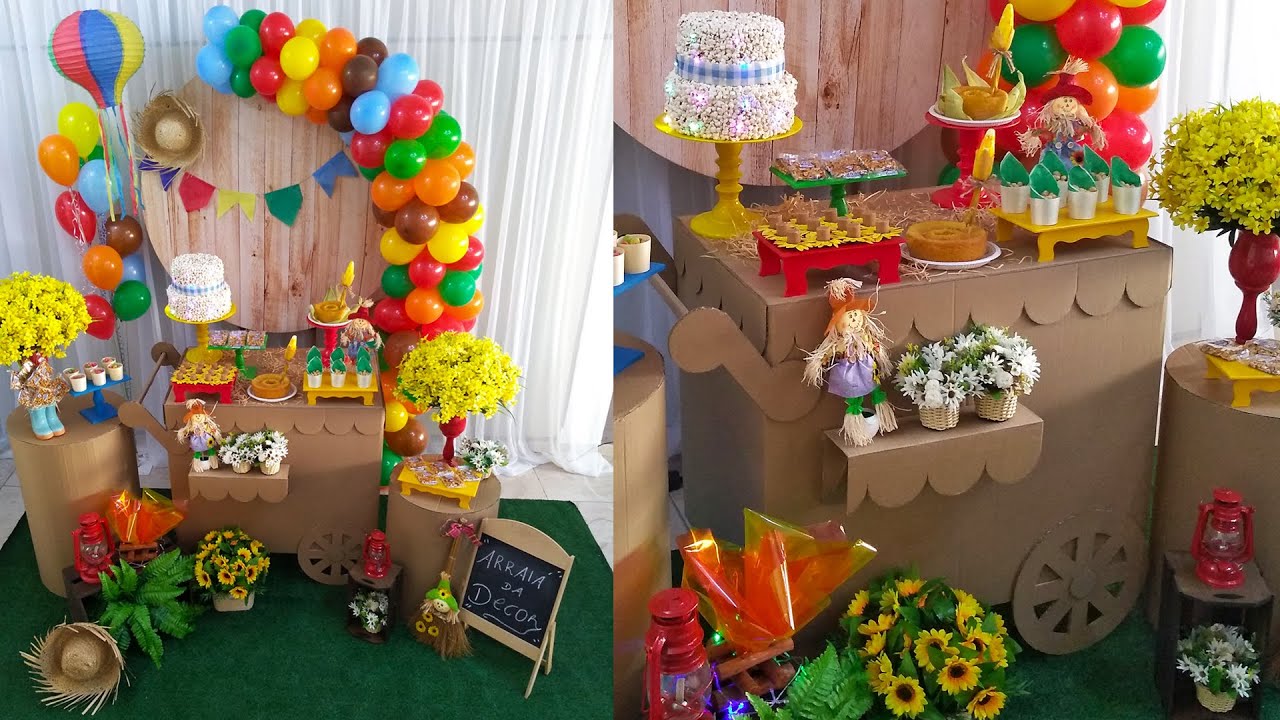 Como Fazer Decoração de Festa Junina Simples e Barata Com Papelão Montar Com Carrinho Pocket Car