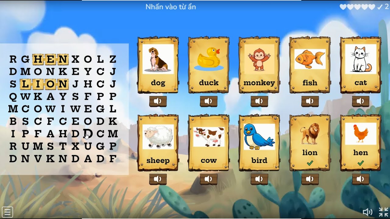 Game tiếng Anh-Chủ đề con vật quen thuộc-Learn and play-Topic Simple Animals-Crossword