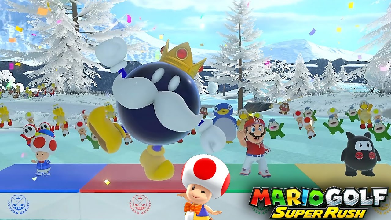 Mario Golf Super Rush Toad vs King Bob omb vs Mario vs Ninji in Blustery Basin