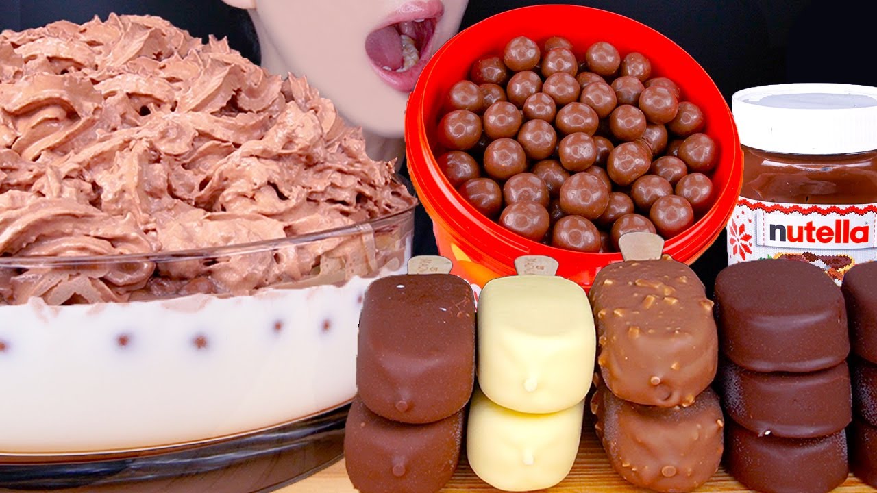 ASMR MALTESERS MAGNUM CHOCOLATE ICE CREAM NUTELLA DESSERT MUKBANG몰티져스 먹방チョコレート Es krim EATING SOUNDS
