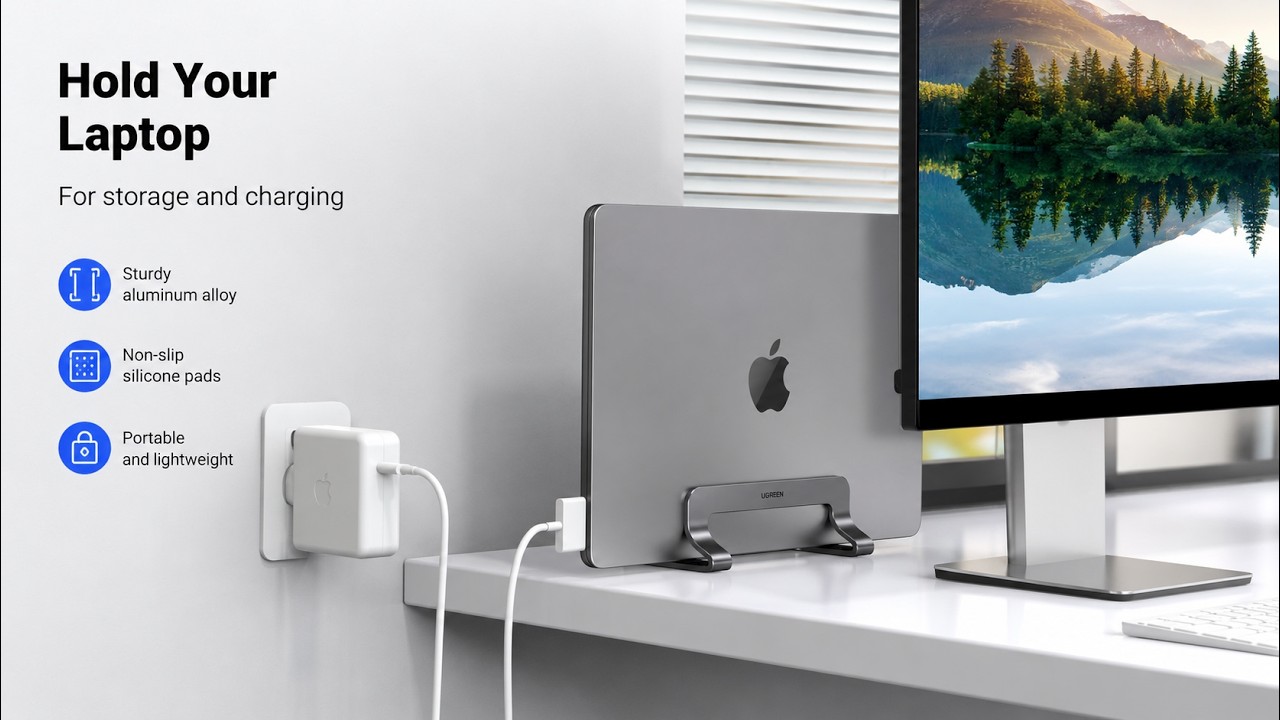 UGREEN Vertical Laptop Stand &ndash; Adjustable Aluminum Holder for Desk Setup