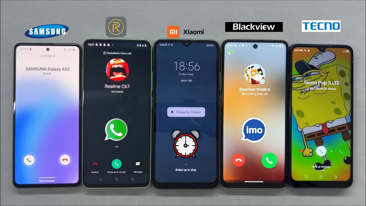 Imo, WhatsApp Incoming call Galaxy A52 + Tecno Pop + Blackview 8 + Realme C67 + Alarm Clock Mi 10C