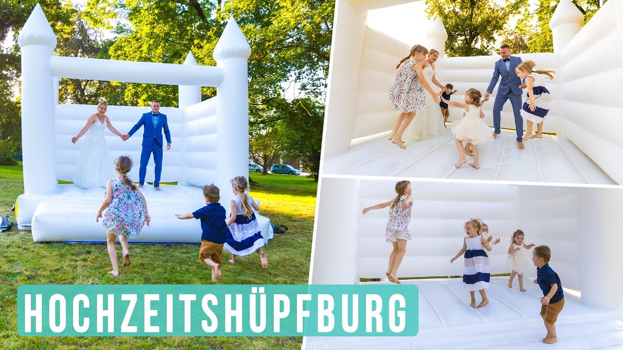 Weiße Hochzeitshüpfburg mit Vier Türmchen | Weiße Hüpfburg mieten