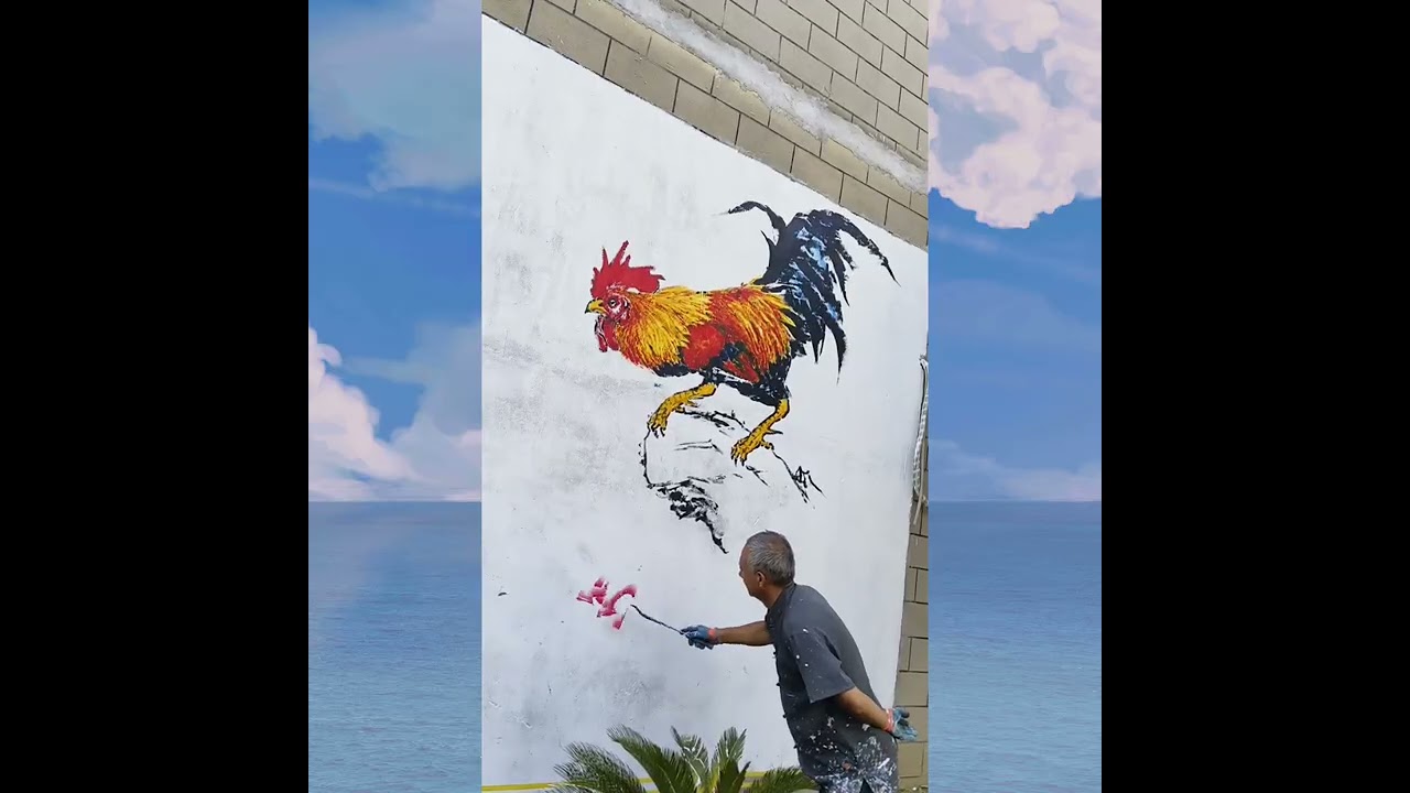彩墨墙畫     竹摇清风伴吉鸣，花开富贵满庭春       李懐鈴