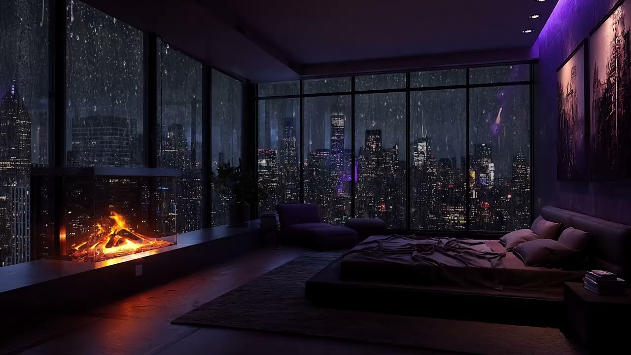 Midnight Balcony Rain 🌙 | Gentle Piano Lounge with Fireplace Warmth for Quiet Night Sleep