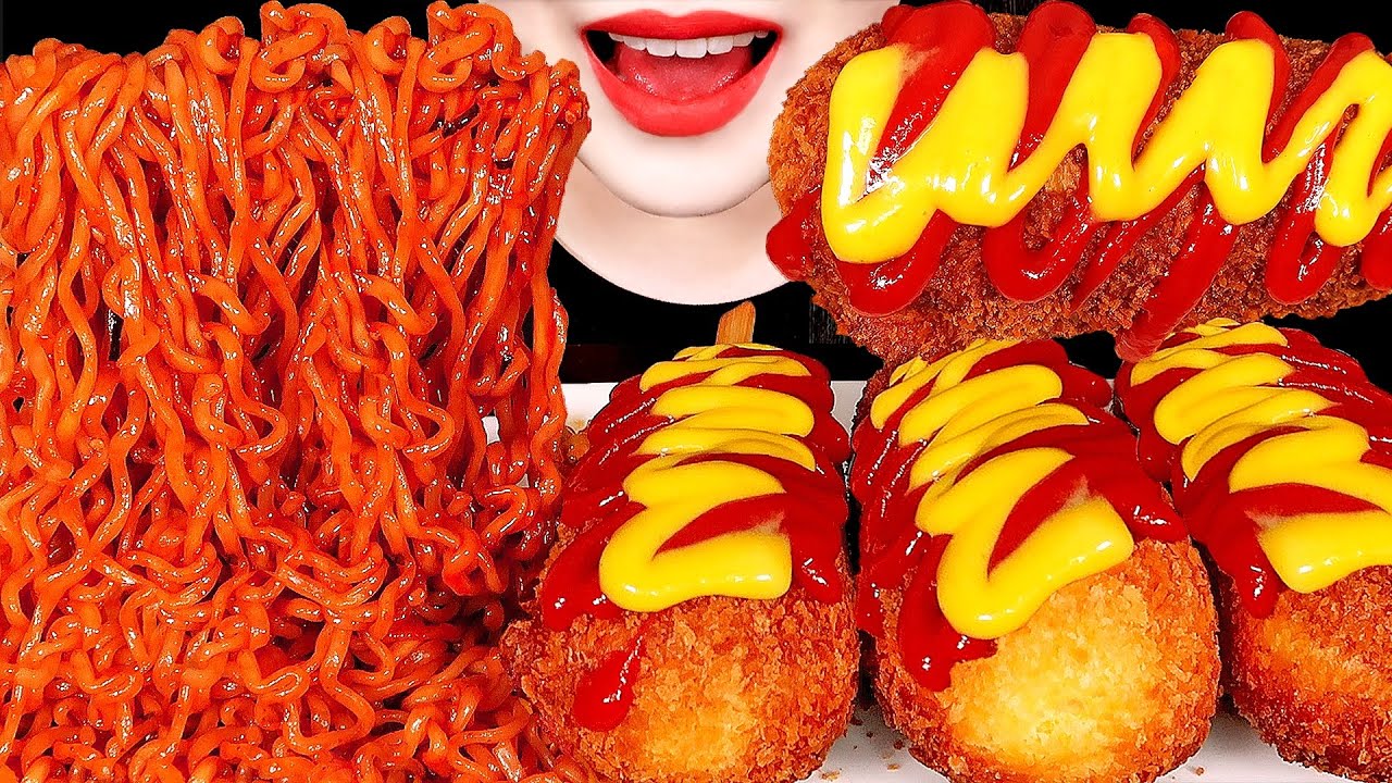 ASMR MUKBANG | CHEESE CORN DOGS FIRE NOODLES 직접 만든 치즈 핫도그, 불닭볶음면 먹방 COOKING RECIPE EATING SOUNDS
