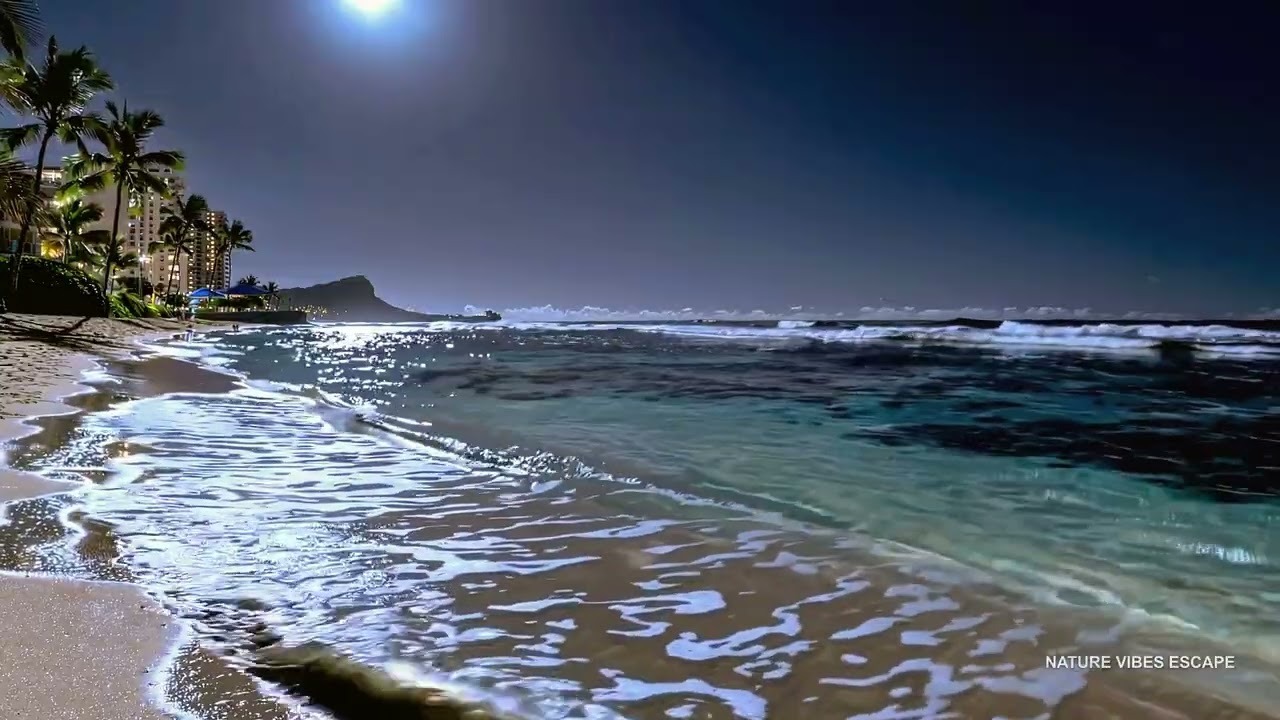 DEEP SLEEP 🌙 Waikīkī Diamond Head Inspired Night Ocean Waves Study Focus 4K 🌴