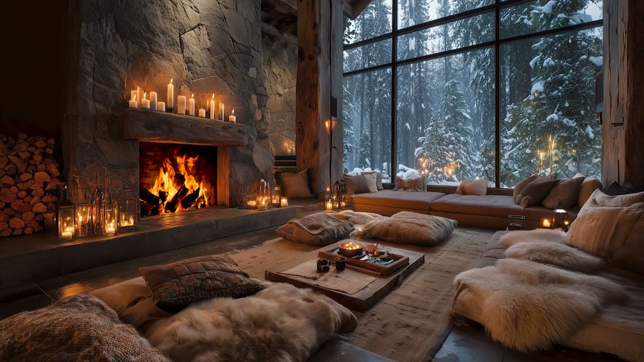 Cozy Winter Cabin Fireplace | Snowfall Outside & Soft Jazz Night Ambience