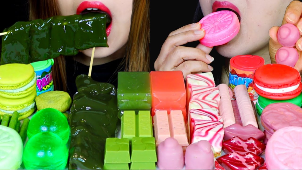 ASMR PINK + GREEN (CHEESECAKE, WARABI MOCHI, BEAN JELLY, MACARONS, KITKAT, COOKIES, JELLY BALLS 먹방