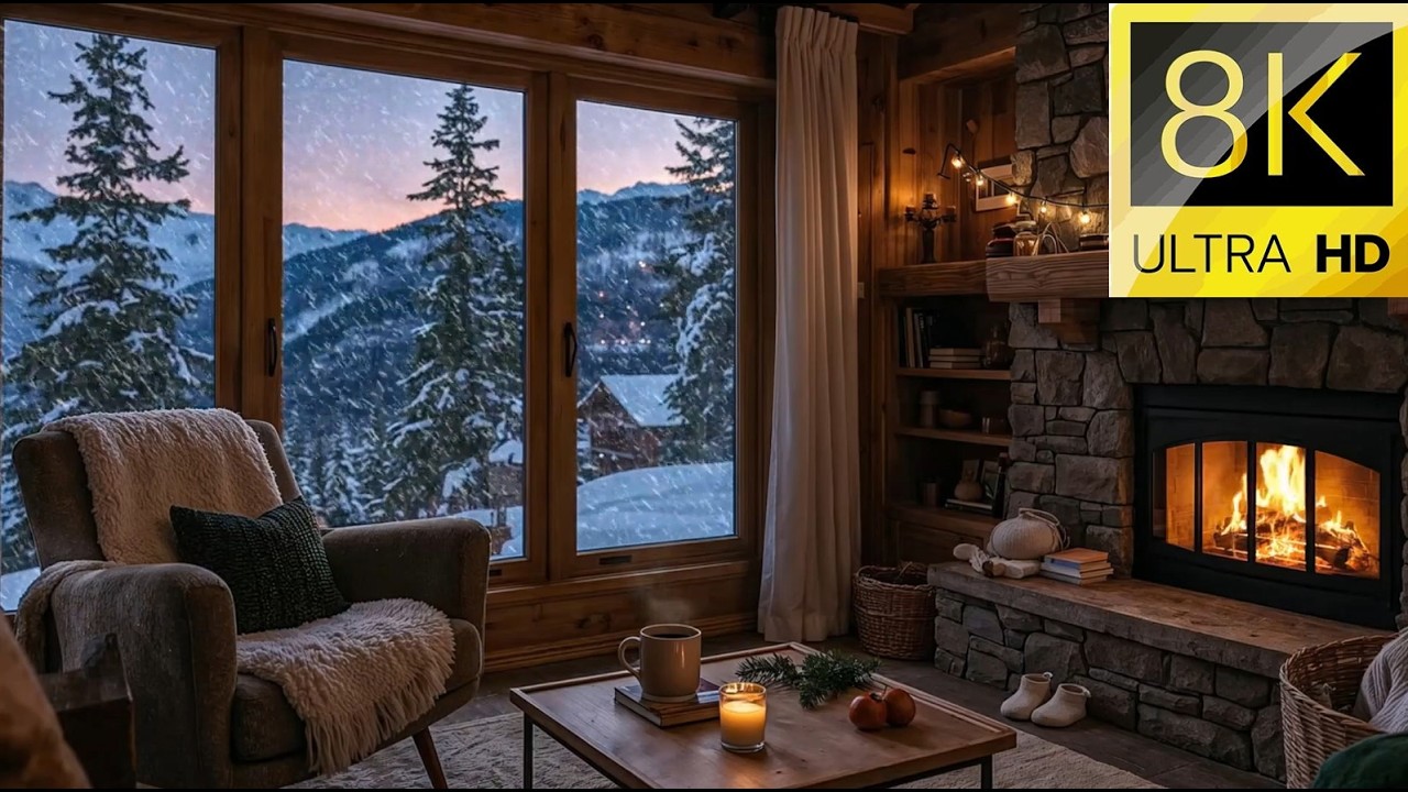Cabin Fireplace in Winter | Cracklin Fire & Snowy Mountain View Ambience