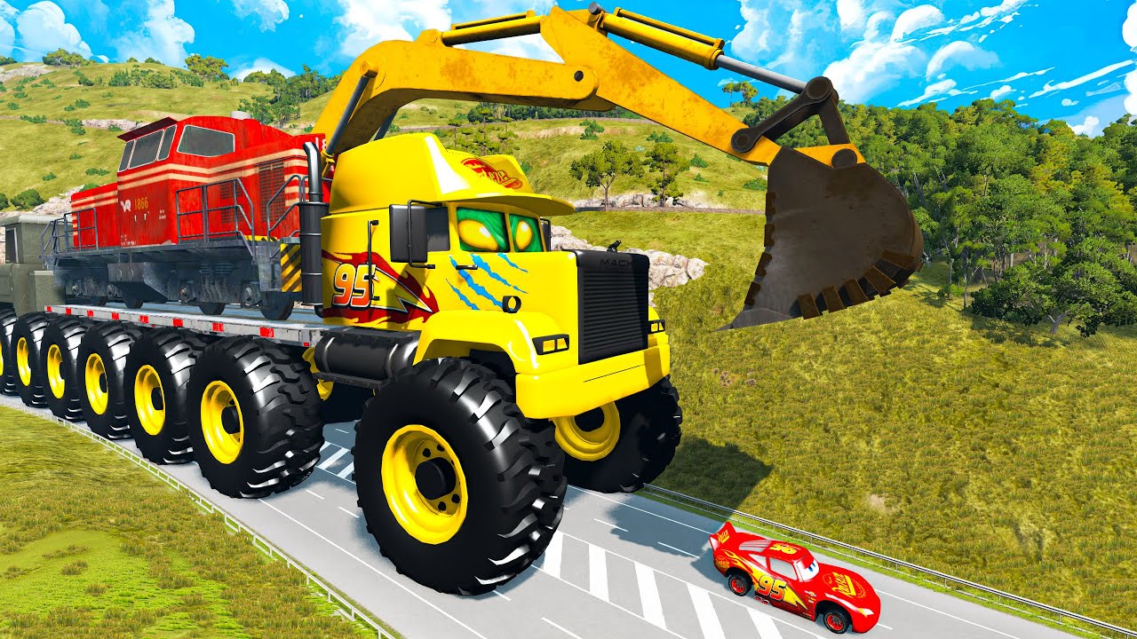Giant EXCAVATOR TRAIN Mack Truck Eater VS Cars Lightning McQueen Escape Monster Beamng Drive #14
