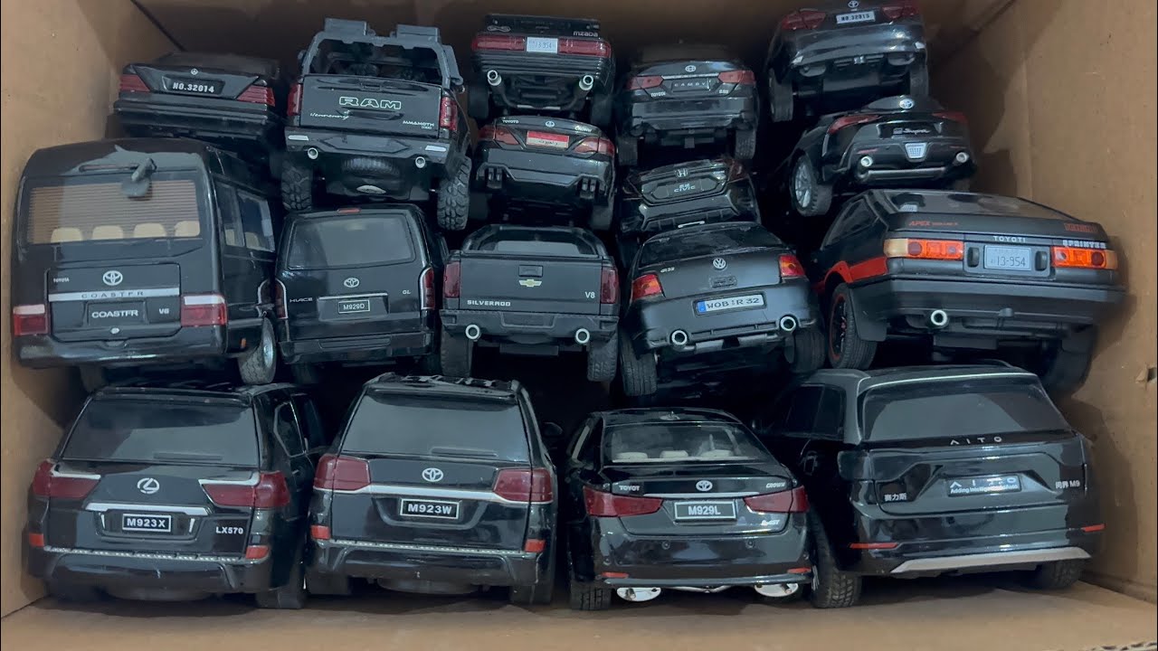 Lets find a box full of Black model cars,Toyota,Honda,Lexus,mecedes,Audi,volkswegon,Chevrolet,Ram,