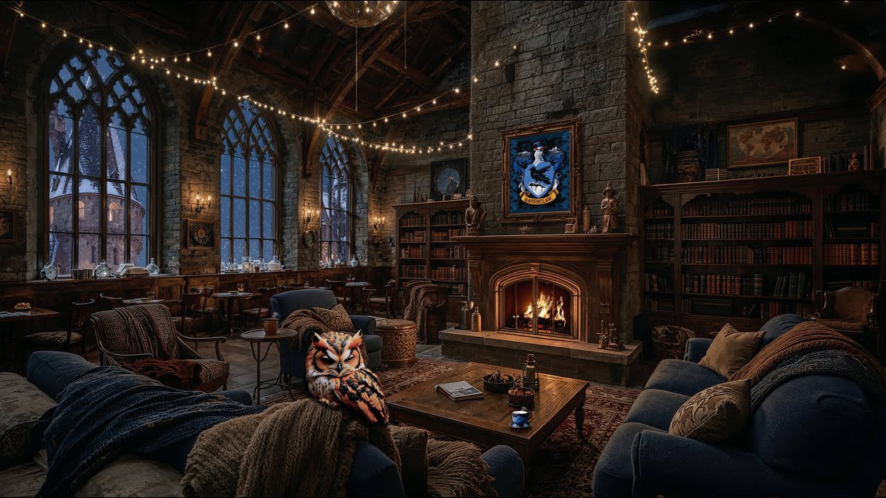 Ravenclaw Common Room Fireplace 🔥 Cozy Hogwarts Ambience | Soft Wind Sounds for Study & Sleep