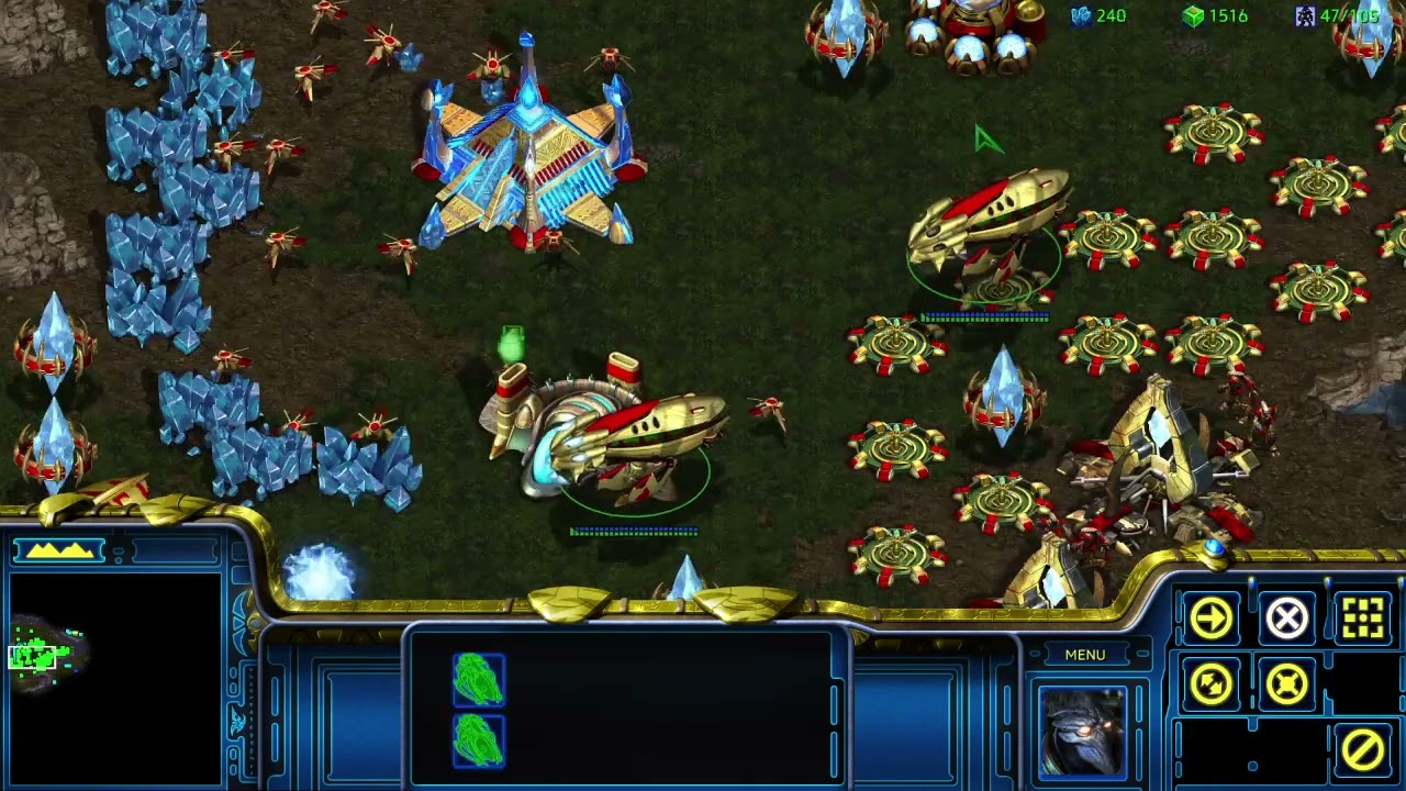StarCraft: Remastered 1 (Protoss) vs 7 AI (Random) - Big Game Hunters Map