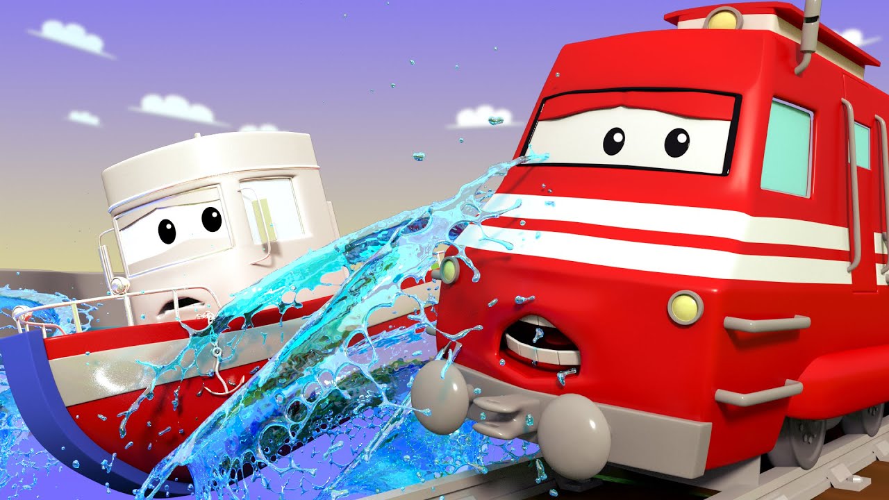Troy The Train -  Charlie the CRANE saves Bobby the BOAT in the lake! - Car City ! Train Cartoons