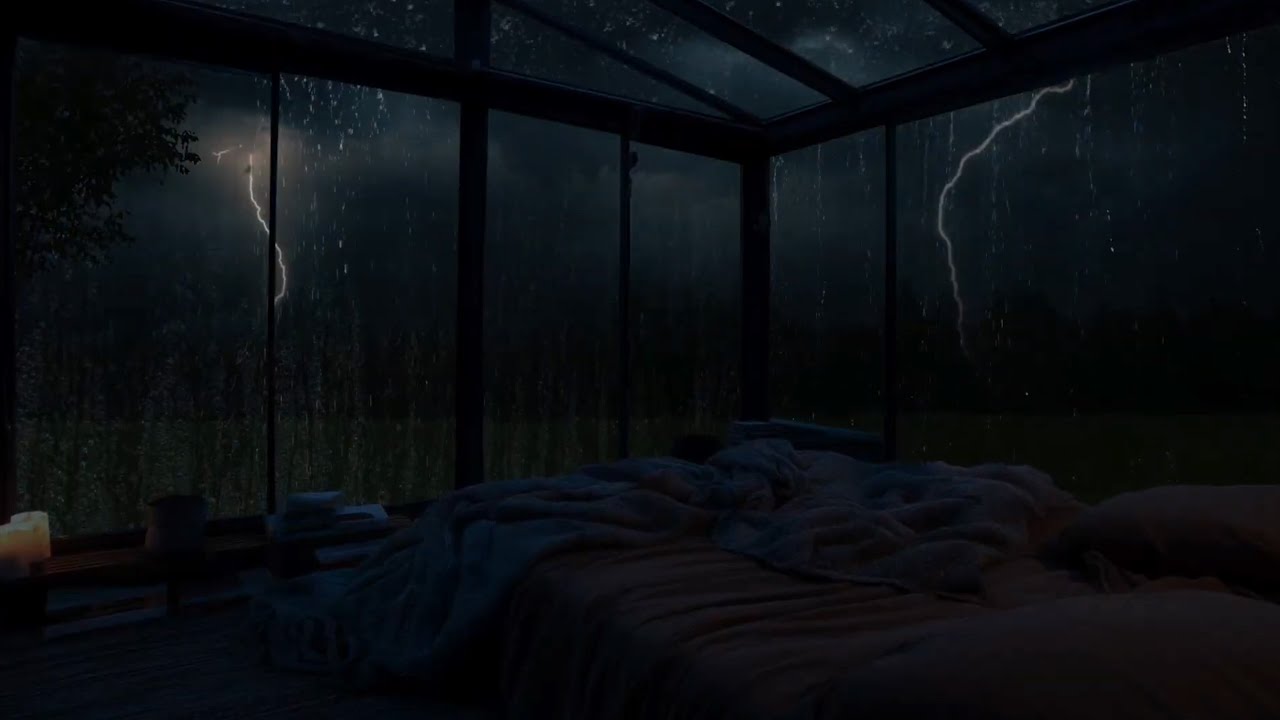 🌧️ Cozy Glass House Bedroom In A Thunderstorm | Watch The Rain Fall Over A Valley At Night ⛈️