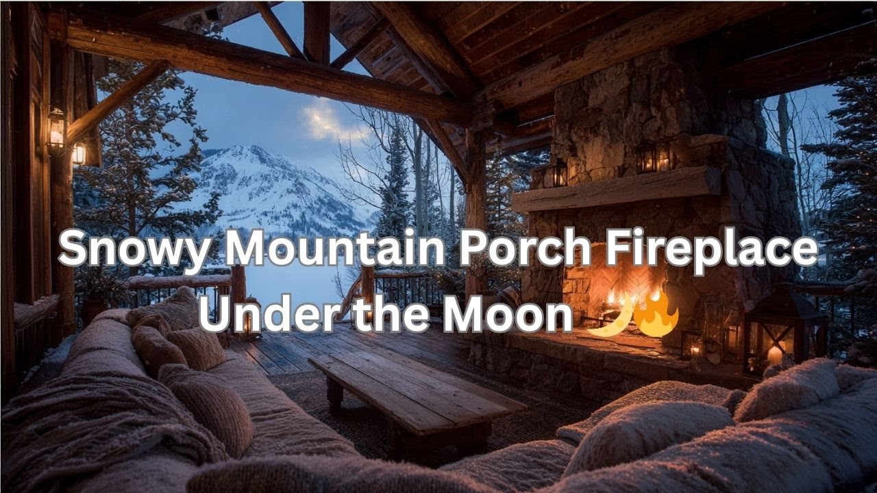 Snowy Mountain Porch Fireplace Under the Moon 🌙🔥 Cozy Winter Sleep Sounds