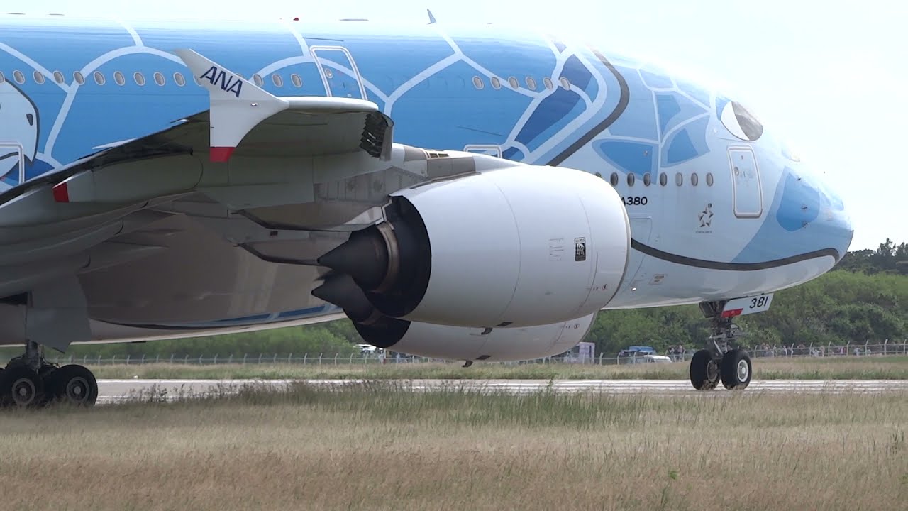 下地島空港, A380 フライングホヌ離陸, ANA official charter flight, First time takeoff from Shimoji-shima, 2K 60p,