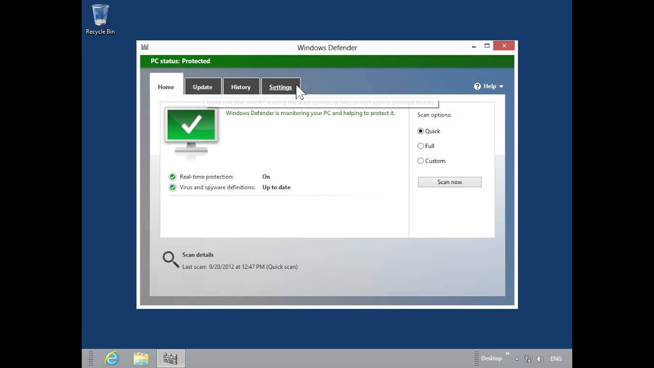 Windows 8.0 Professional - Turn Windows Defender On or Off