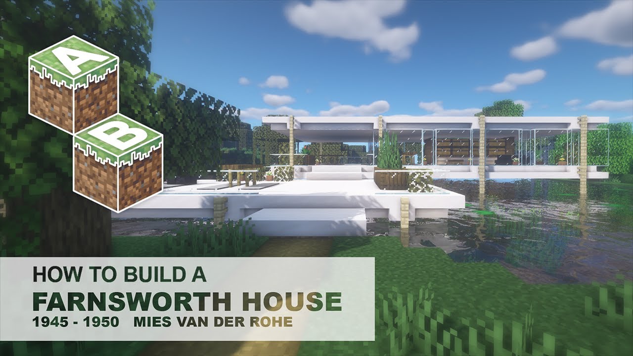 Minecraft How to build Farnsworth house by Mies van der Rohe. Easy Modern House tutorial + interior