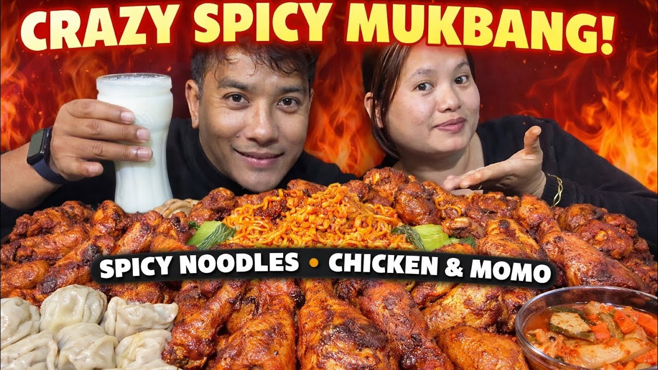 EATING SPICY NOODLES🔥CHICKEN WINGS, LEG PIECE🥟MOMO with KIMCHI AND SPICY🔥ACHAR  #mukbang #challenge 