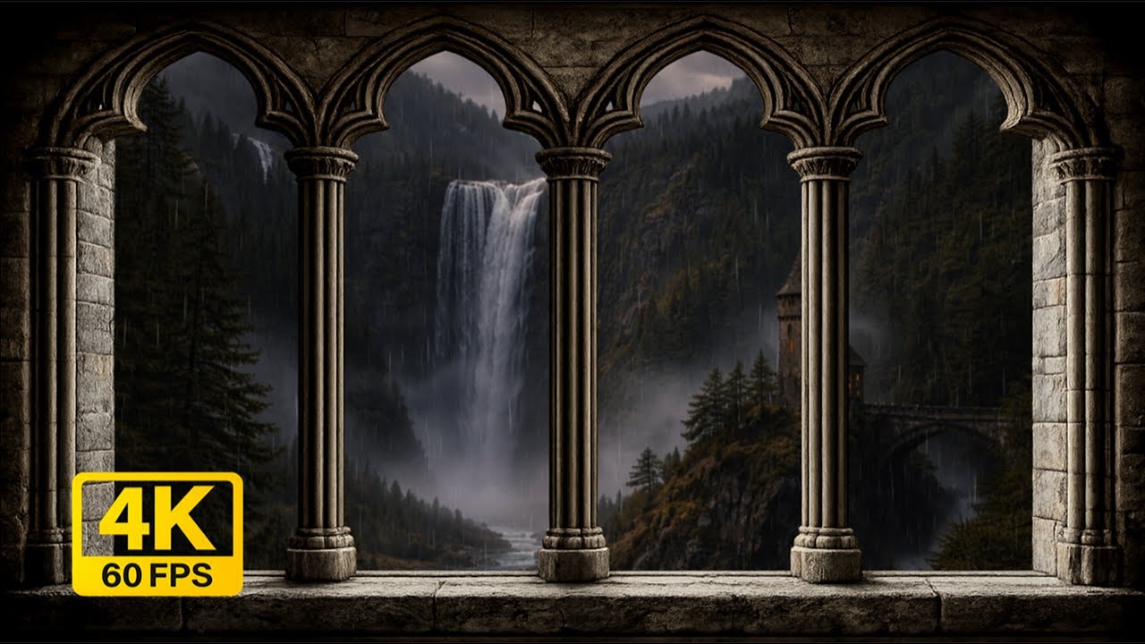 4K Rainy Medieval Castle Window View - Cozy Thunderstorm Sounds - Ambience for Reading