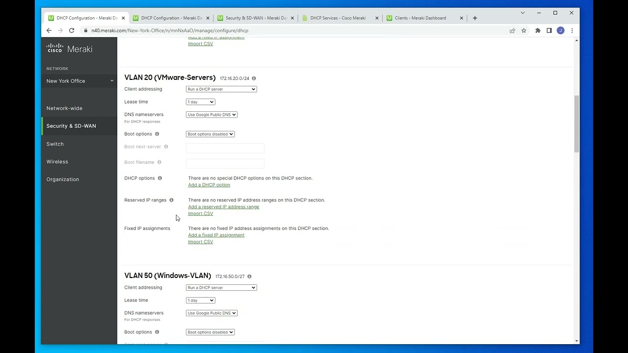 Базовая конфигурация Meraki MX DHCP
