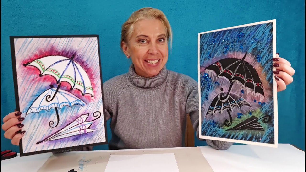יצירה חורף - מטריות עפות (טכניקת מריחה) Art Class Umbrella Painting (craft for kids , easy)