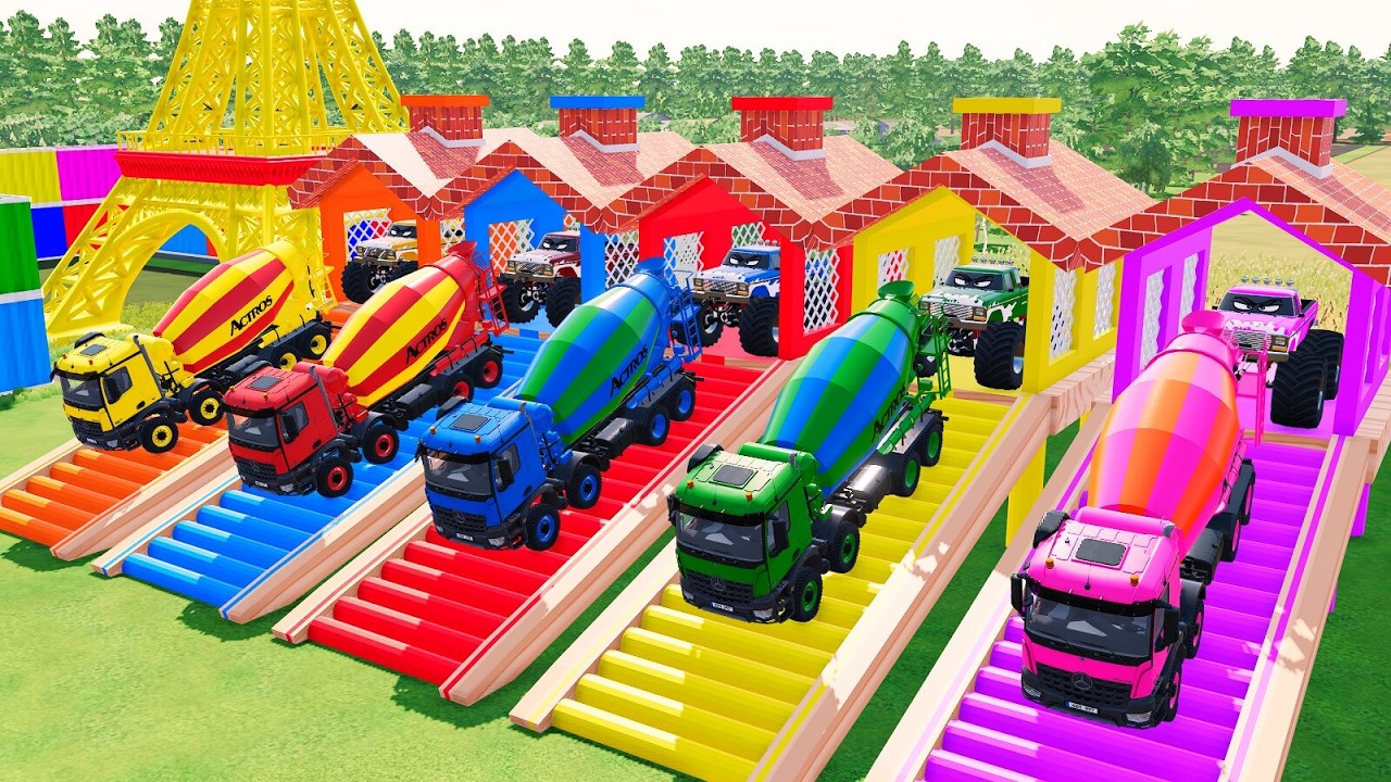 Garage with Colors - ALL MONSTER TRUCK WITH GIANT OFFROAD TRAILER, SCANIA, KENWORTH, PETERBILT IVECO