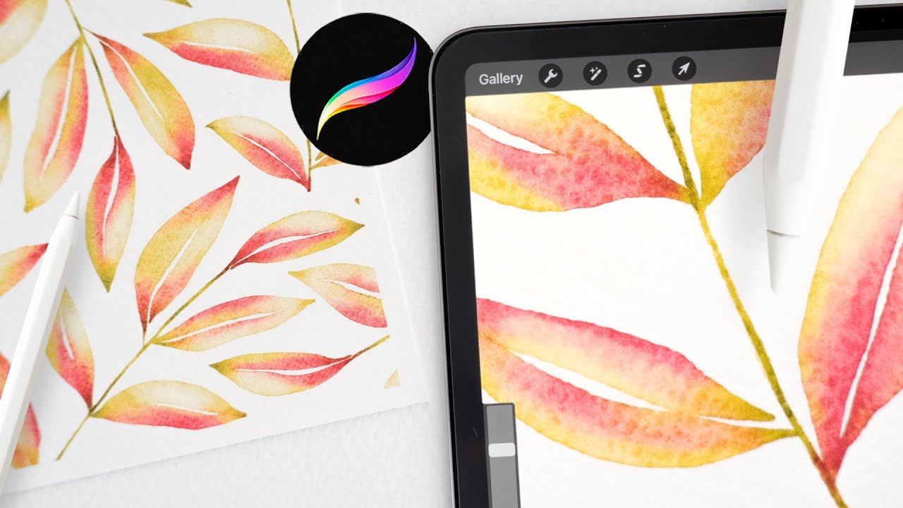 how to paint two-tone watercolor leaves in Procreate. Simple procreate tutorial for beginners