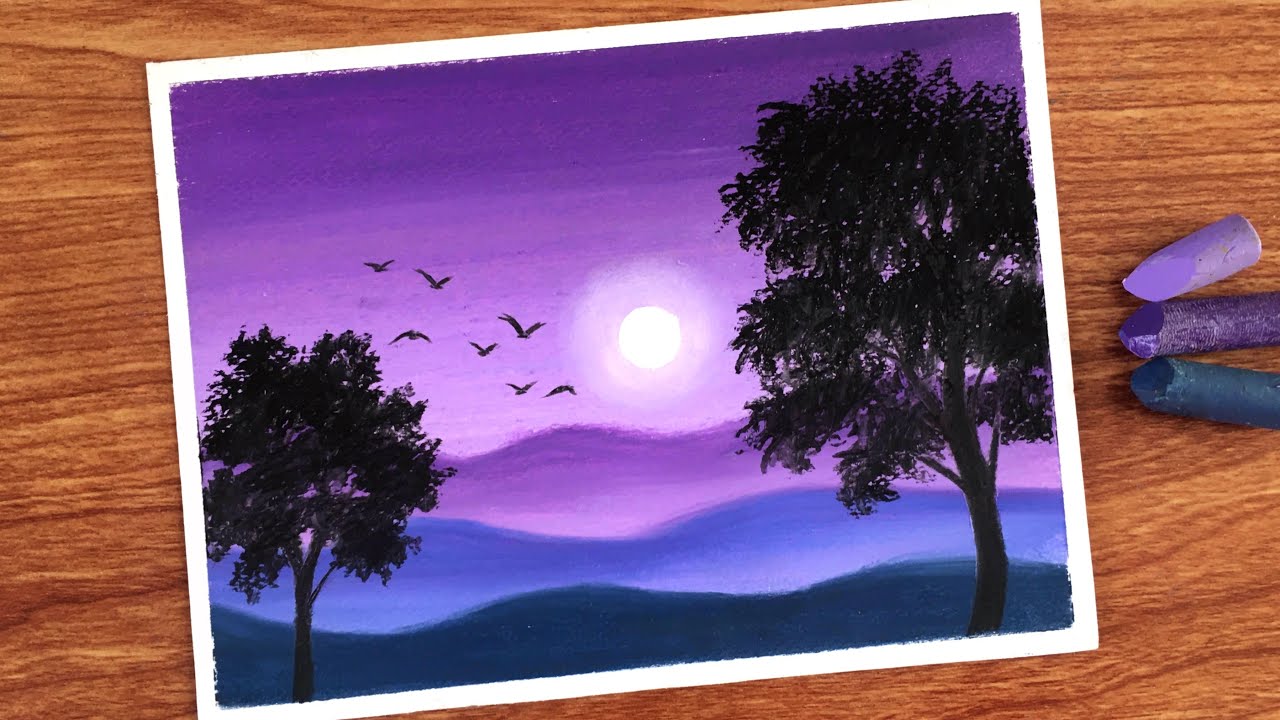 Oil Pastel Violet Scenery for beginners | Oil Pastel Drawing
