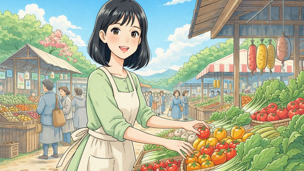 A peaceful country market in Ghibli style | Single life, cozy cooking, and companionship with cats