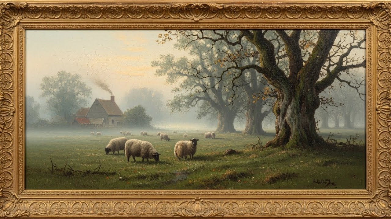 Frame TV Art: English Countryside Serenity: A Misty Morning Landscape with Grazing Sheep