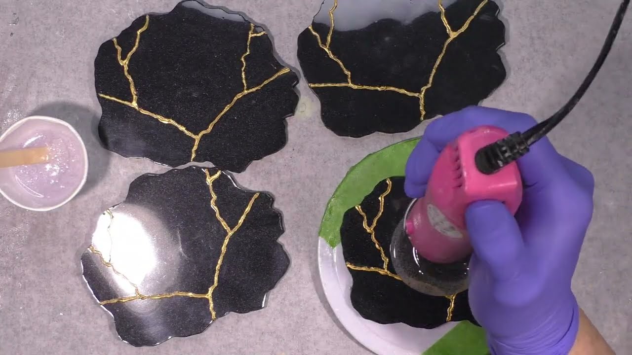 Resin Coasters With Gold Crack Filling Kintsugi using Resiners Curing Machine