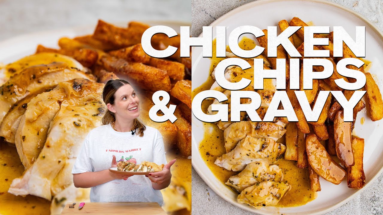The perfect roast chicken dinner with homemade chips and gravy