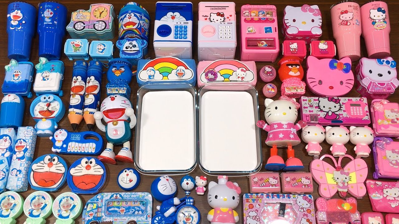 Special Series #43 BLUE DOREAMON vs PINK HELLO KITTY !! Mixing Random Things into GLOSSY Slime