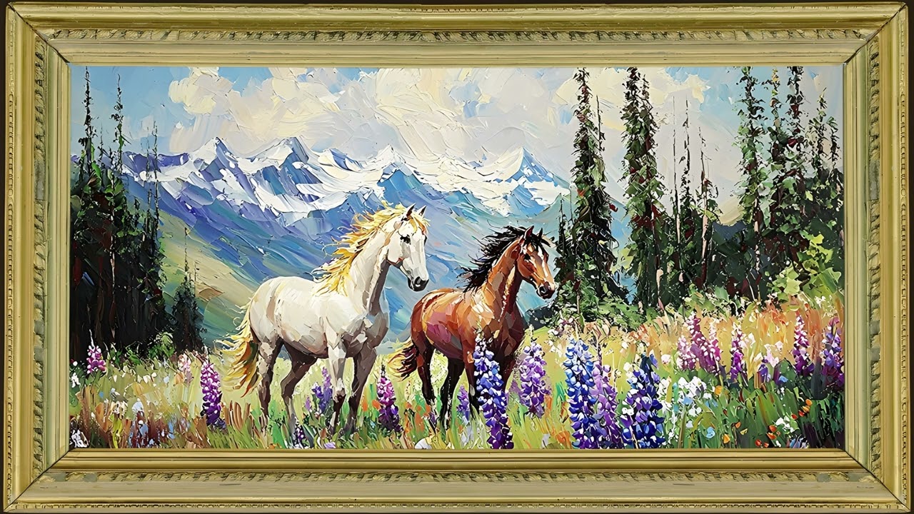 Horses Lavender Fields and Mountains, Vintage Oil Painting | Gold Framed TV Art Screensaver