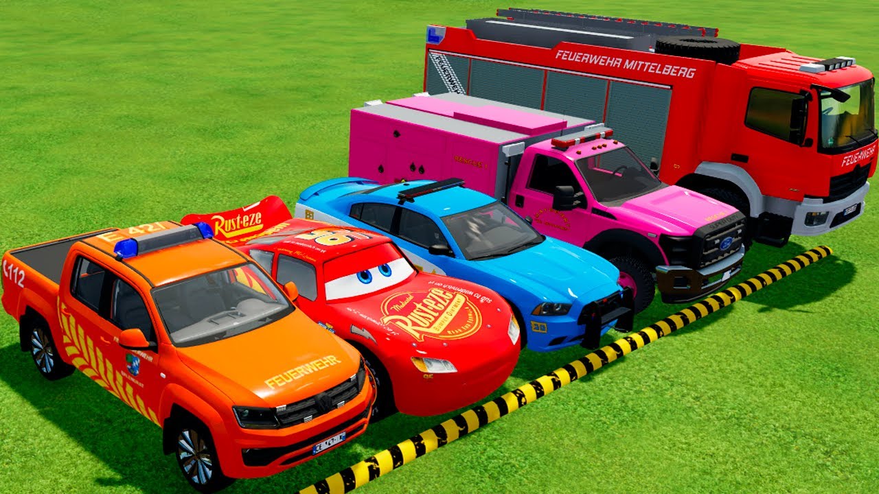VOLKSWAGEN, MCQUEEN سيارة ماكوين, DACIA POLICE CARS & MERCEDES FIRE TRUCK VEHICLES TRANSPORTING FS22