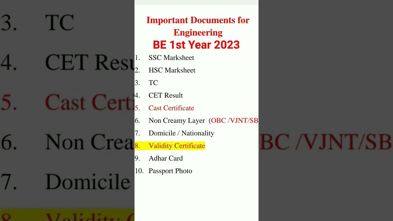 BE 1st Year Engineering Admission 2023 II Important Documents List