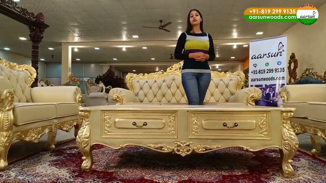 Royal Sofa Set with Center Table in Gold Leafing || Bangalore, Hyderabad, Chennai, Style Sofa Design