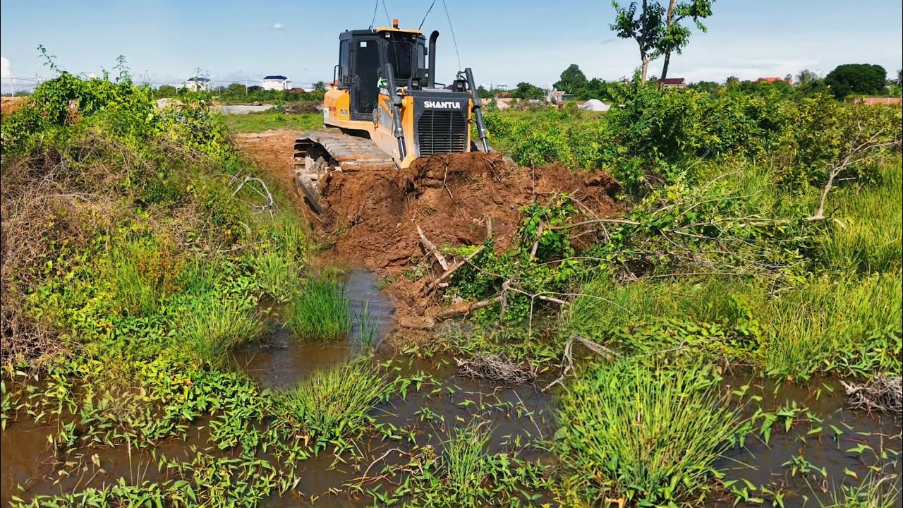 Great Pushes The Fill Rock Onto The Grass Forests Using Bulldozer SHANTUI Pushes The Building Leve