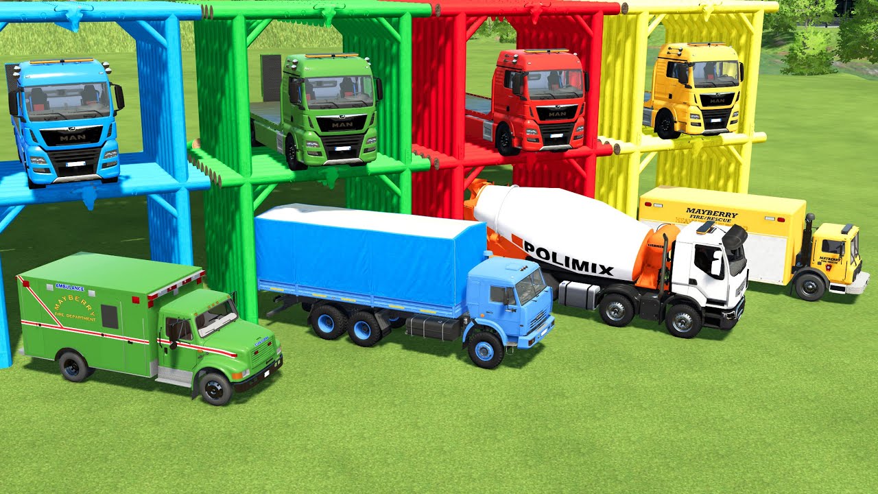 MIXER TRUCK, BOX TRUCK, AMBULANCE, FIRE DEPARTEMENT TRANSPORTING TO GARAGE | FS22 SIMULATOR 22
