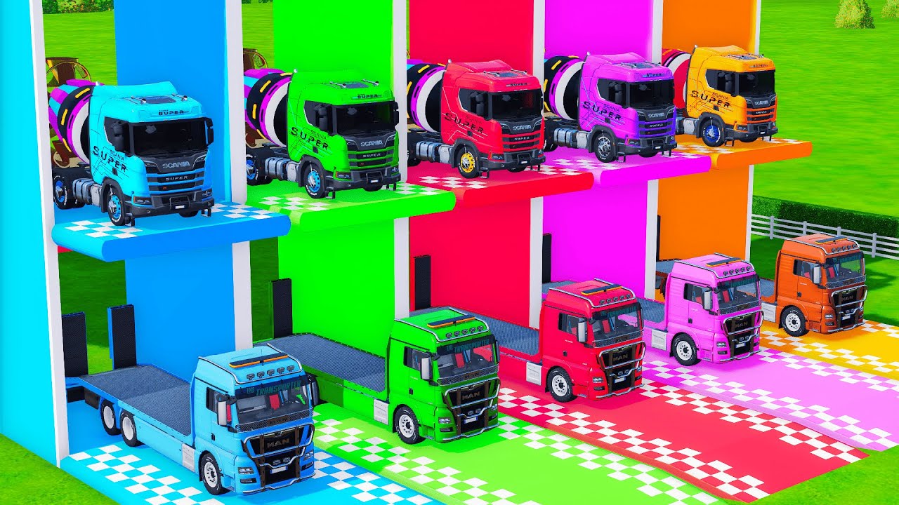 Garage with Colors - ALL MIXER TRUCK WITH DOUBLE FLATBED TRAILER TRUCK, KAMAZ, IVECO, MACK FS22 #7
