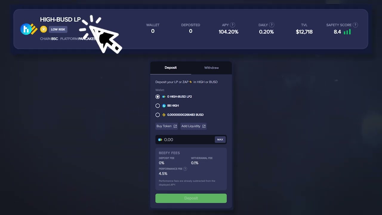 Beefy Zap: create LP tokens & deposit in a Beefy vault with one transaction.